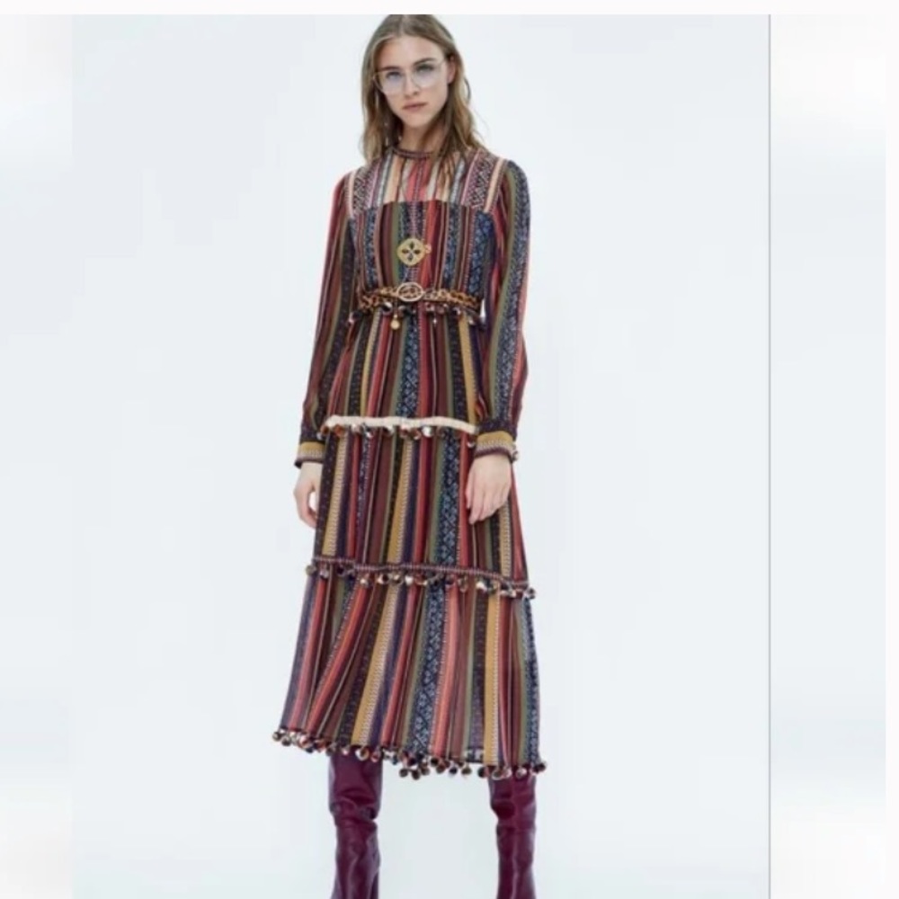 Zara Dresses | Zara Pom Pom Trim Tiered Boho Maxi Dress | Color: Green/Red
